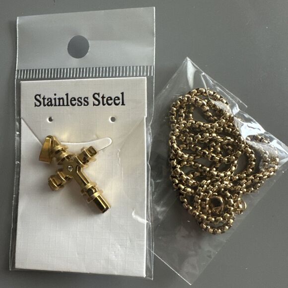 Cubic Zirconia Stainless Steel Cross Pendant Gift Trendy 24” Necklace Gold Tone - Picture 6 of 6